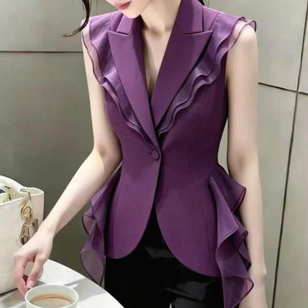 French ruffle edge purple suit vest women's 2026 new mesh splicing fake two-piece vest waist top