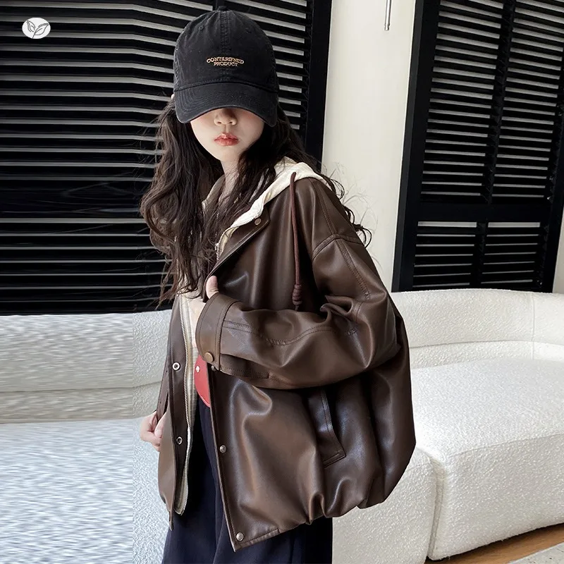 Girls' Jacket 2026 Autumn Outfit New Big Children's Retro Leather Children's Fake Two-piece Hooded Leather Jacket 3
