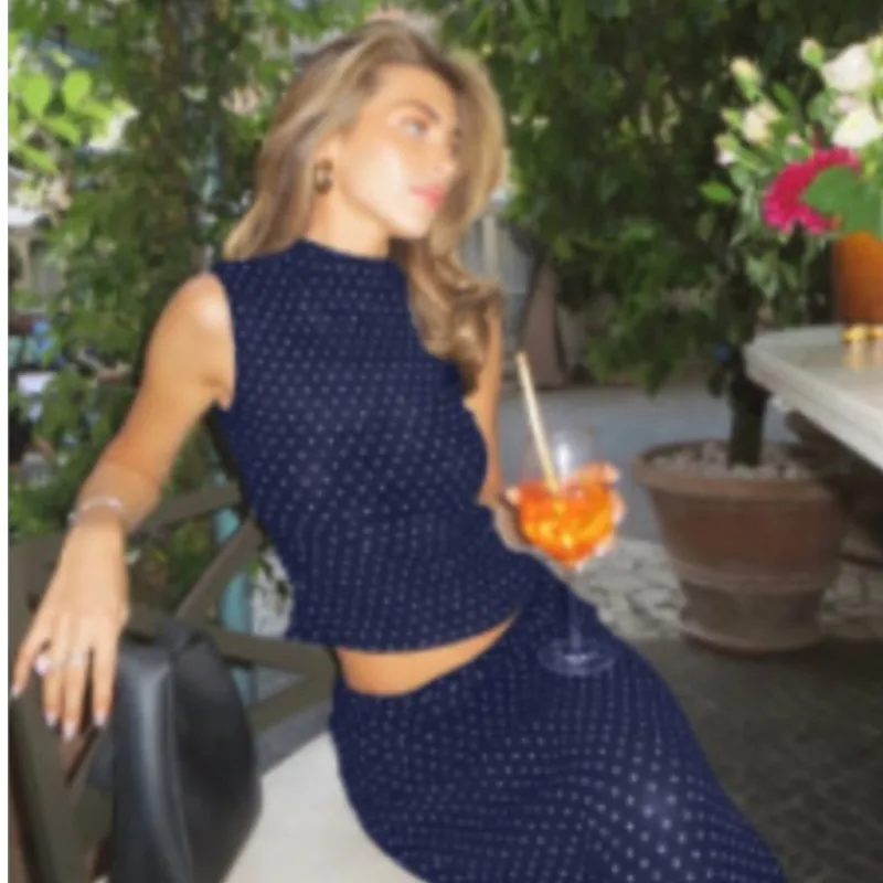 Stile semplice Nuovo in set coordinati Set vintage da 2 pezzi per donna Completi a due pezzi Temperamento francese Slim a pois senza maniche