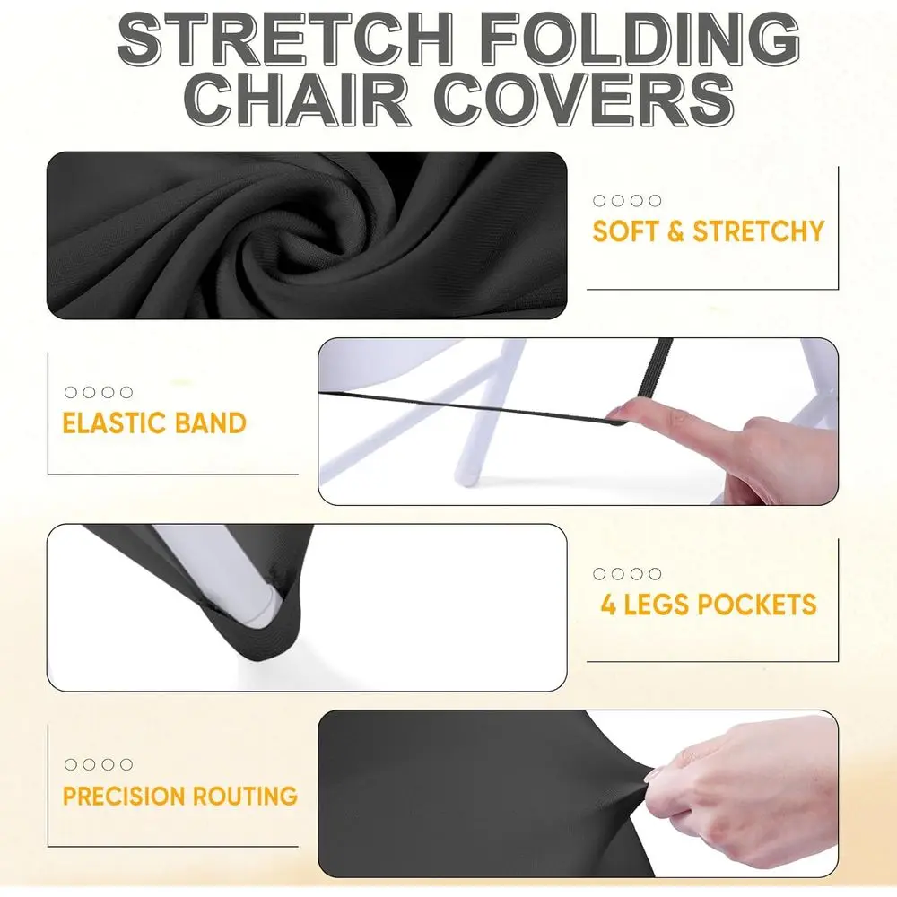 Set di 50 fodere per sedie pieghevoli: 25 elastici e 25 fasce con paillettes per matrimoni, feste ed eventi (nero e oro)