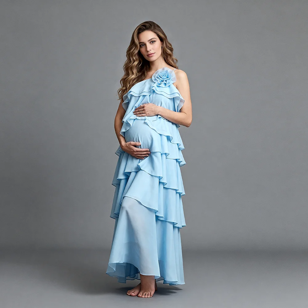 Maternity Dress Photoshoot Blue One-Shoulder 3D Floral Applique Tiered Ruffled Chiffon Pregnancy Dress Maternity Clothing YW646D