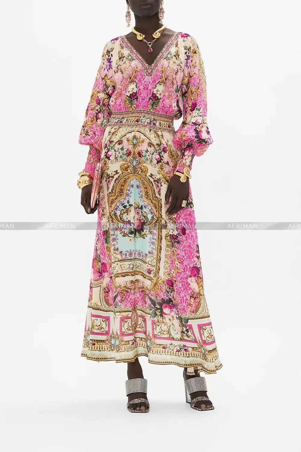 Women Bohemian Style Retro Pink Flower Print Heavy Beaded V Neck Maxi Long Silk Dress