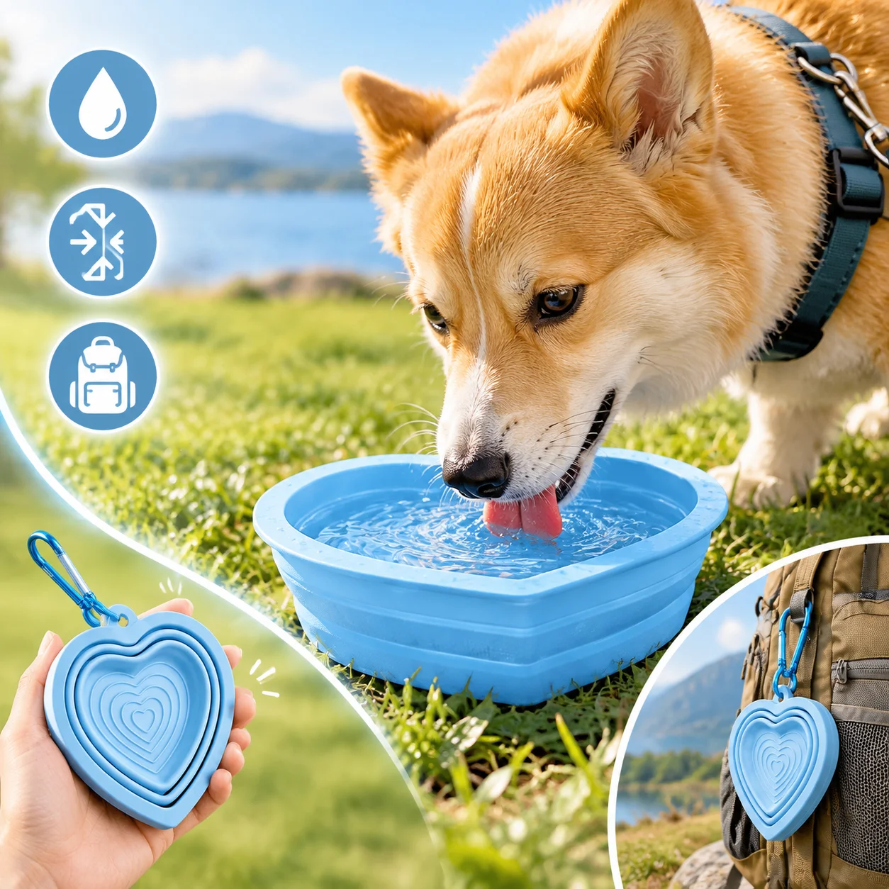 Collapsible Pet Bowl Silicone Food Grade Heart Shaped Portable Dog Cat Food Water Container With Hook Outdoor Travel 350ml