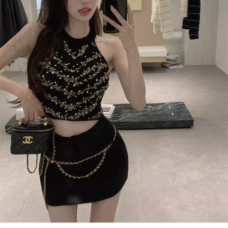 Hanging Neck Bead Suspended Tank Top Women\'s 2024 Summer Spicy Girl Sexy Fashion Sleeveless Casual Elegant Off the Shoulder Tops