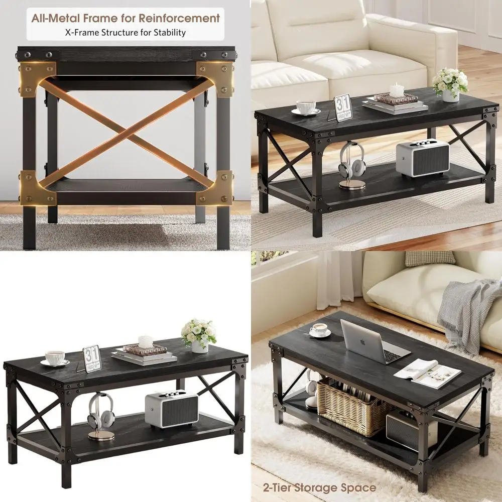 Industrial Modern 2-Tier Wood Coffee Table with Metal Frame, 40 Long, Thick Tabletop, Black