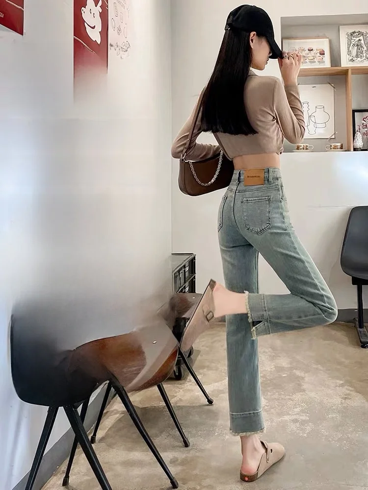 Light Blue Nine-Tenths Straight Leg Jeans Women's Summer New Style Frayed Small Size Slim Fit Casual Pants Split High Waist