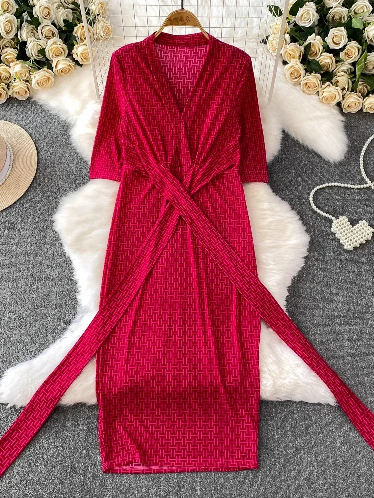 Nuevos Vestidos estampados con cuello en V para Mujer, bata ceñida De cintura alta para Mujer, Vestidos De Mujer 2025, vestido Sexy De otoño con temperamento Vintage