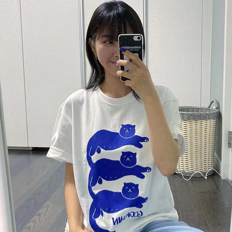 Karrram Koran Fashion Cat Printed Short Sleeve T-shirts Summer Fairycore White Oversized Tshirt Kawaii Cartoon Tops Loose Kpop