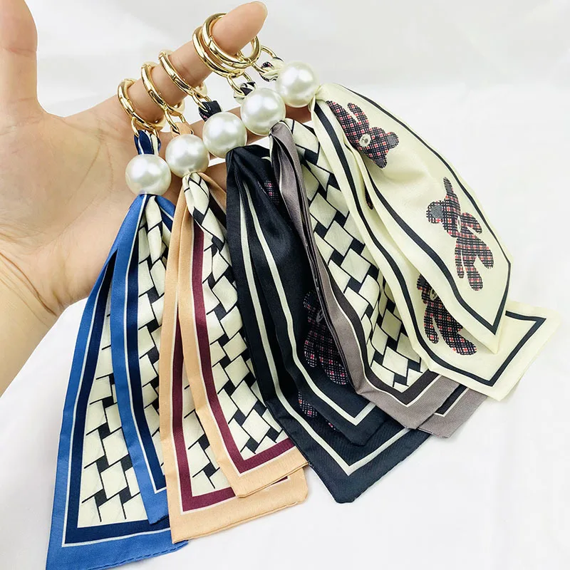 New Plaid Key Chains Hanging Ornaments Cute Anime Bear Car Keychain Accessories Colorful Silk Scarf Pearl Bag Pendant Wholesale