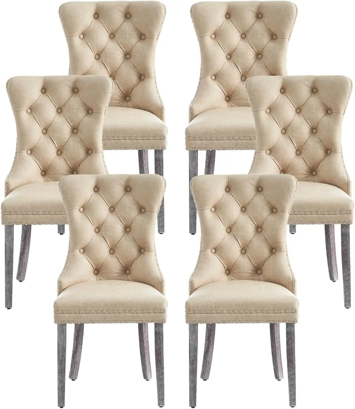 Leather dining chair set of 6, upholstered dining chair, nail head decoration and solid wood legs, luxury dining chair