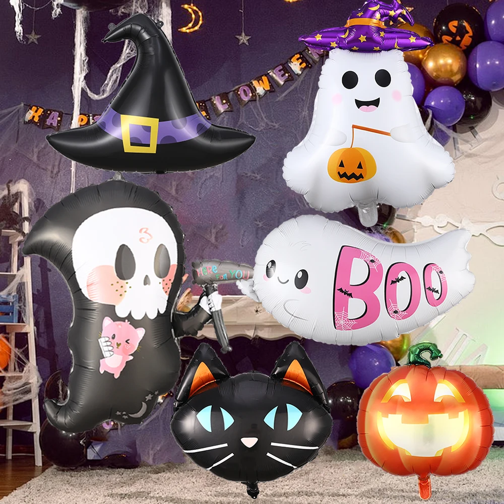 

1pc Halloween Witch Hat Pumpkin Ghost Bat Cute Death Skull BOO Ghost Foil Balloon Halloween Theme Party Horrible Decor Kids Gift