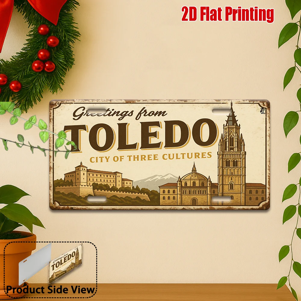 2D Flat, 1pc Vintage Toledo City of Three Cultures Metal Wall Art Sign - Spanish & English Text, Historic Landmarks (Alcázar, Sy