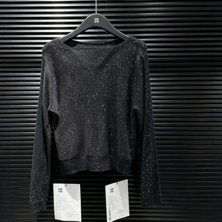 Casual Long Sleeve Sweater Regular Fit Crew Neck with Metallic Thread Pullover Mid Length Regular Thickness Women Sweater