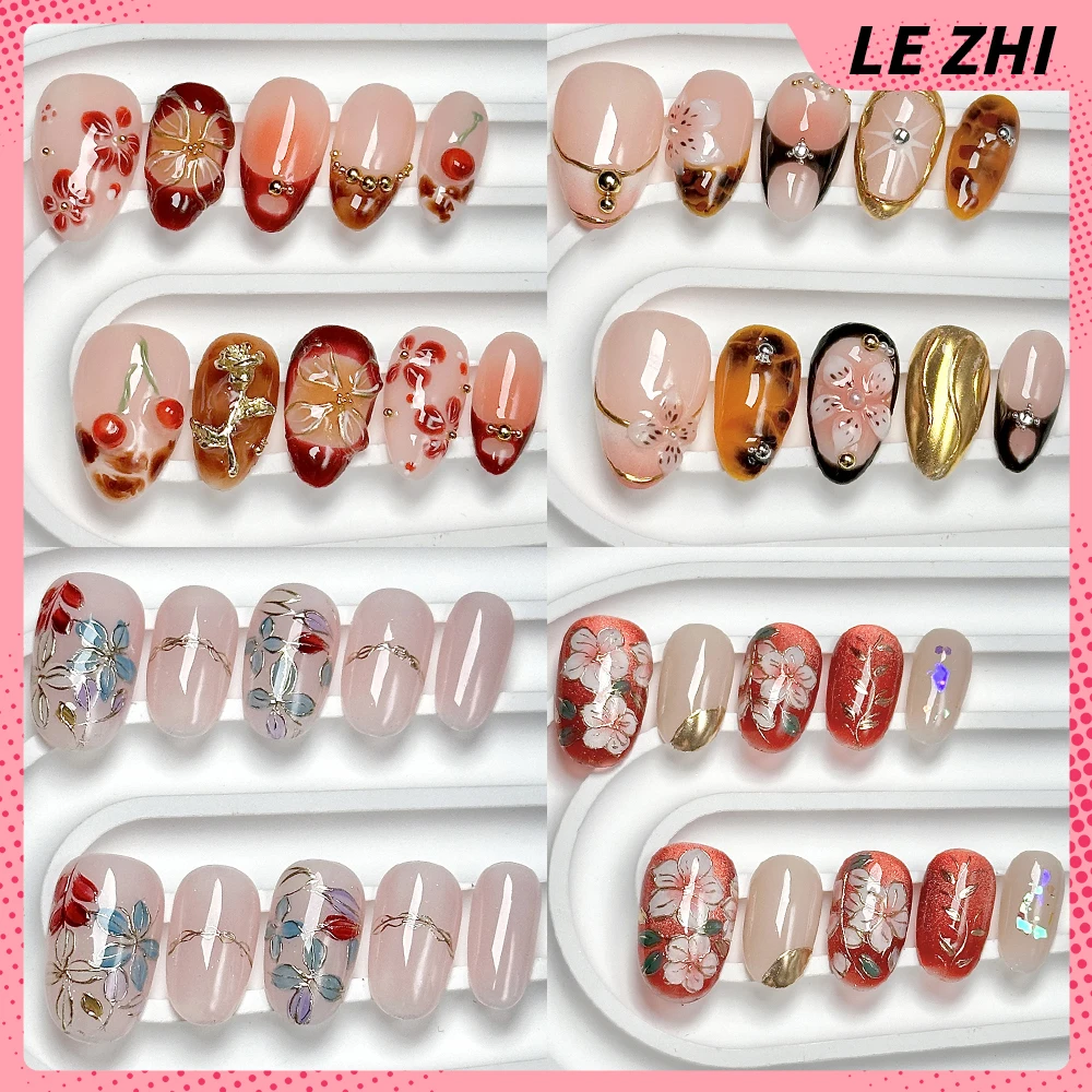 

10Pcs Hand-Drawn 3D Flower Detachable French Nail Party Sticker Cat Eyes Water Ripples Design Short Almond Ellipse Press On Nail