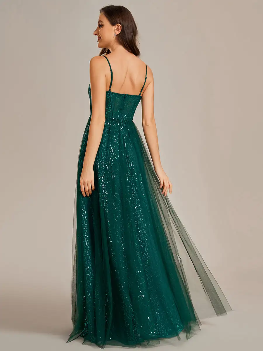 Gorgeous Evening Dresses Strapiess Sweetheart Neckline Spaghetti Straps 2024 Ever pretty of Shiny Dark Green Bridesmaid dress