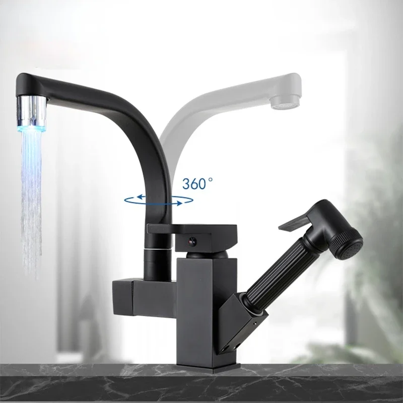 

Bathroom Sink Faucet with Pull Out Spraye Basin Mixer Tap for Hot and Cold Water Vessel Sink Faucet with Rotating Spout