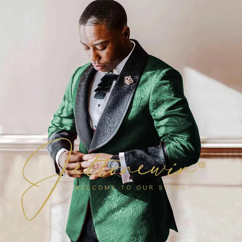 Elegant Men\'s Suit Wedding Groom Tuxedo 2 Pieces Burgundy Jacquard Jacket Pants Formal Male Party Dress Groomsmen Customized