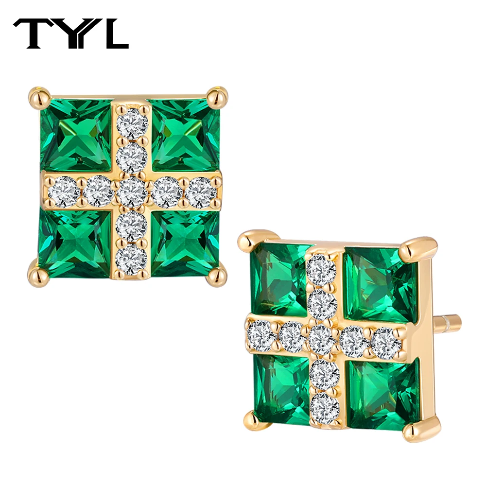 TYYL 14K Gold Plated Emerald Cross Women's Stud Earrings Moissanite Square Earrings Hypoallergenic Wedding Party Jewelry Gift