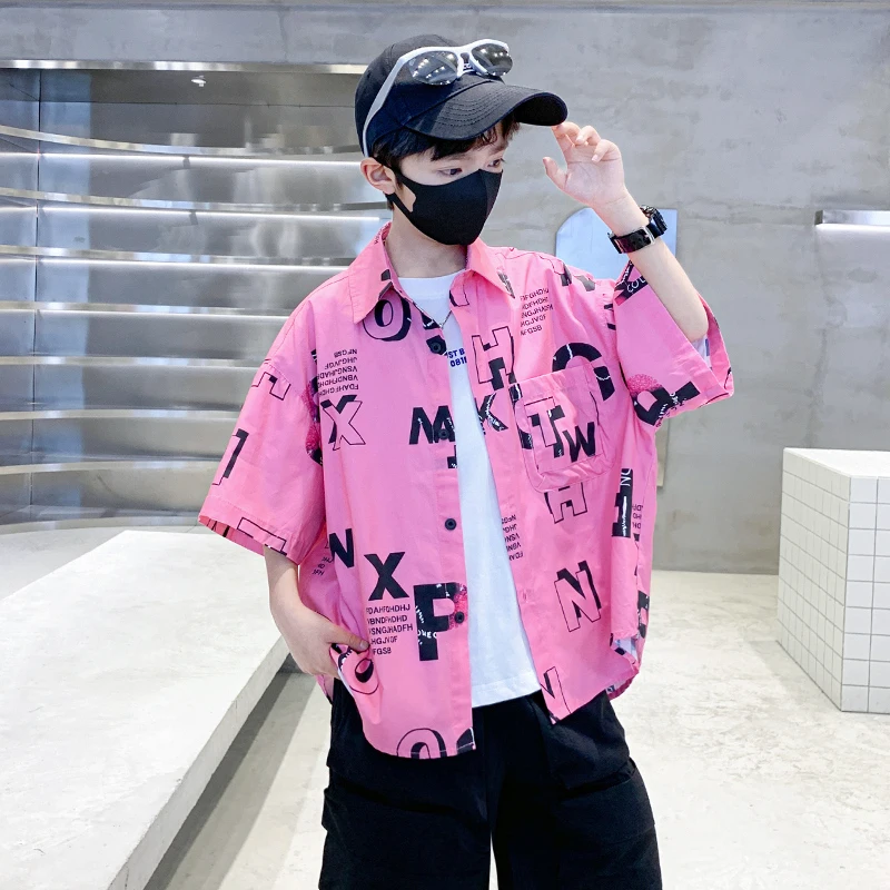2025 New Arrival Children Pink Color Luxurious Blouses for Boys Letter Short Sleeve Shirt Kids Teenager Casual Streetwear Outfit