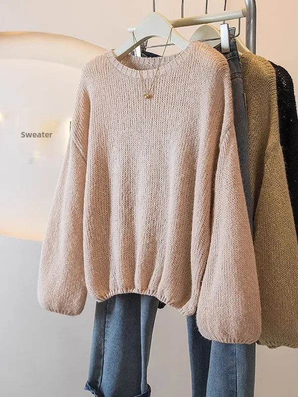 Shiny Black Oversize Shoulder Women's Sweater Sparkling Sequin Knitted Top Commute Style Loose Fit Long Sleeve Winter Fashion