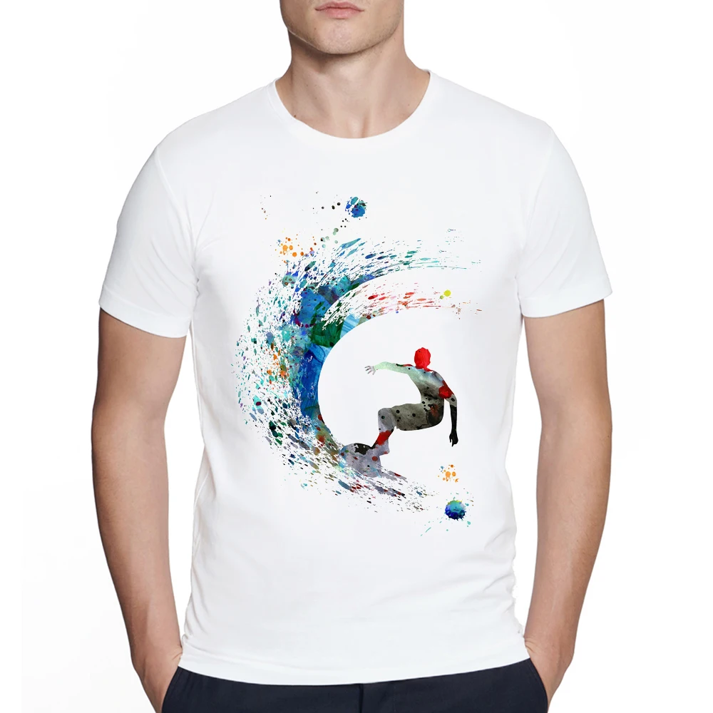 Hipster Tops Fashion Surfer watercolor print surfing man Classic T-Shirt Vintage Art Tshirts Design Men Short Sleeve Tee