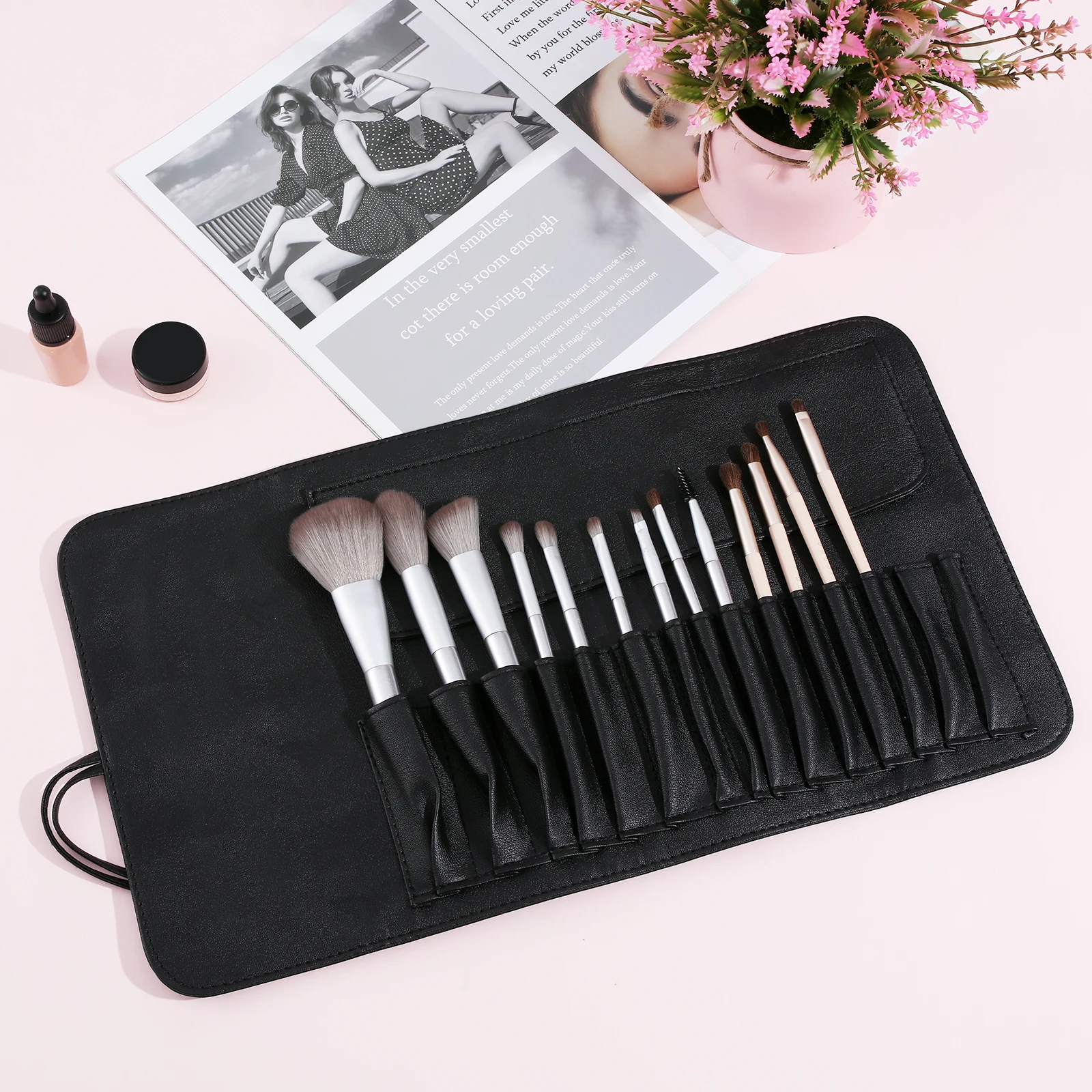 

15pcs Pu Makeup Brush Bag Foldable Pouch Lightweight Large Capacity Travel Storage Bag For Business Camping Car