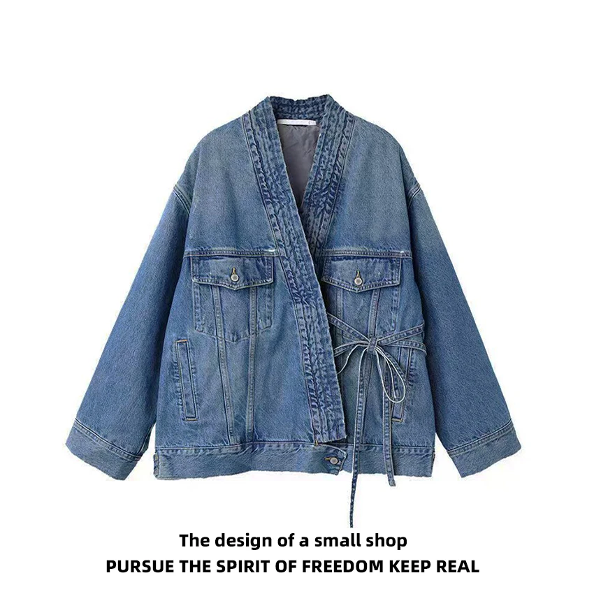 

New 2025 Men's Asymmetric Design Super Loose Casual Denim Jaet Vintage Sle Chinese Sle Outerwear Long Sve V-Ne
