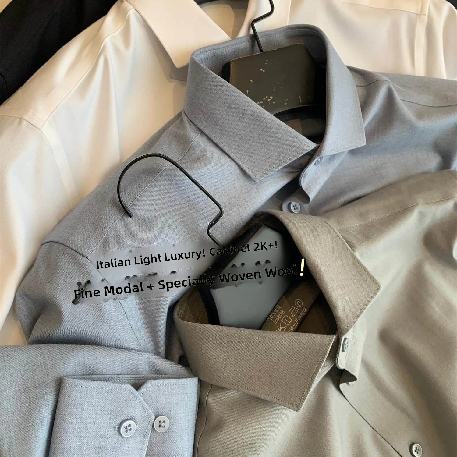 

Italian Style Modal Wool Blend Long Sleeve Casual Shirt for Men Anti-Wrinkle Business Casual Elegant Pure Color
