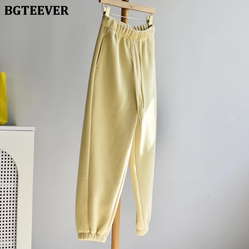 BGTEEVER Autumn Winter Thicken Warm Ladies Drawstring Pants Casual Elastic High Waist Female Velvet Sweatpants