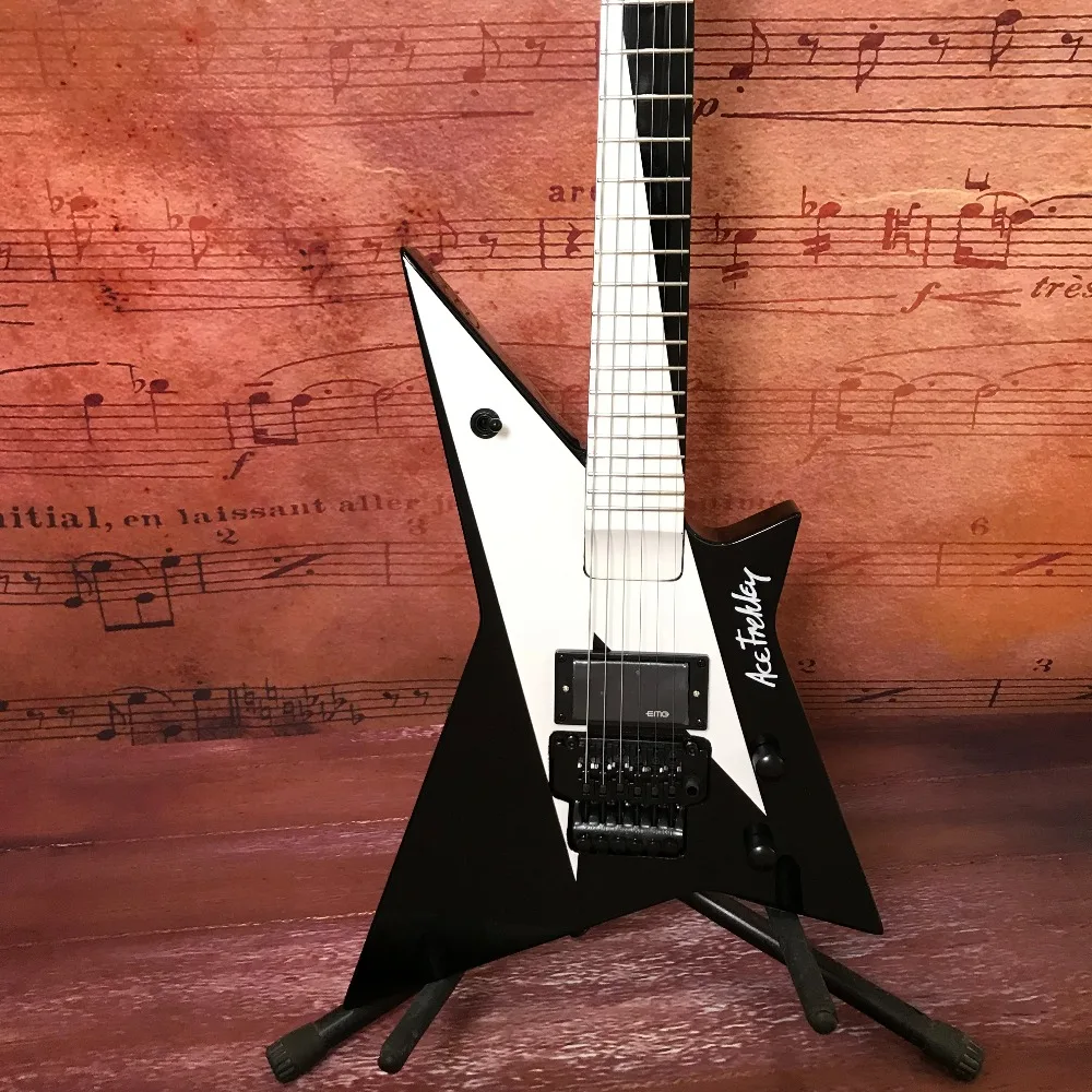 V-Style Star Metal Electric Black/White Contrast Finish Sharp Edges Double-Locking Tremolo Electric Custom  Rock Blues Stage
