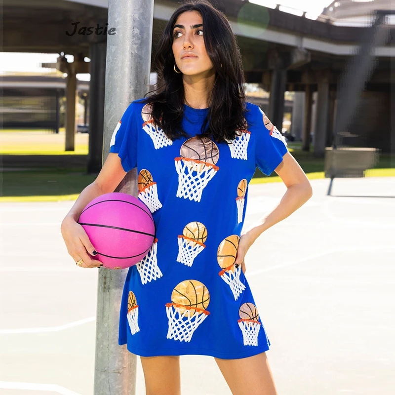 2024 New Basketball Sequin Patchwork Bling Women T-shirts O-neck Straight Short Dress Woman Shinny Casual Sporty Tees Tops