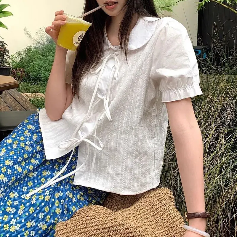 

Female Clothing Fashion Peter Pan Collar Shirts French Style Drawstring Bow Summer Solid Color Basic Short Sleeve Aura Blouse