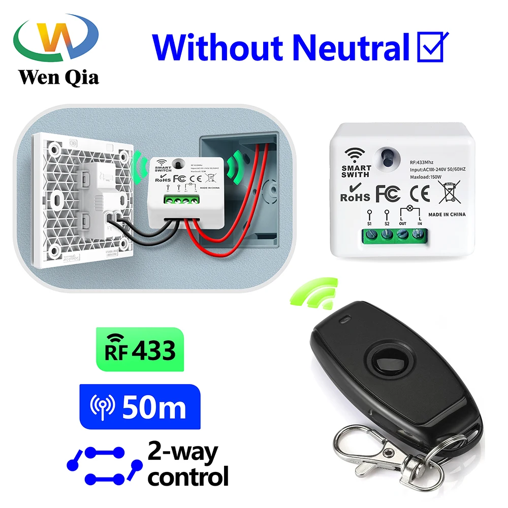 

433Mhz Single Live Wire Wireless Smart Light Switch, 220V 110V RF Receiver Without Neutral,50m Transmitter,for Lamp ON/OFF