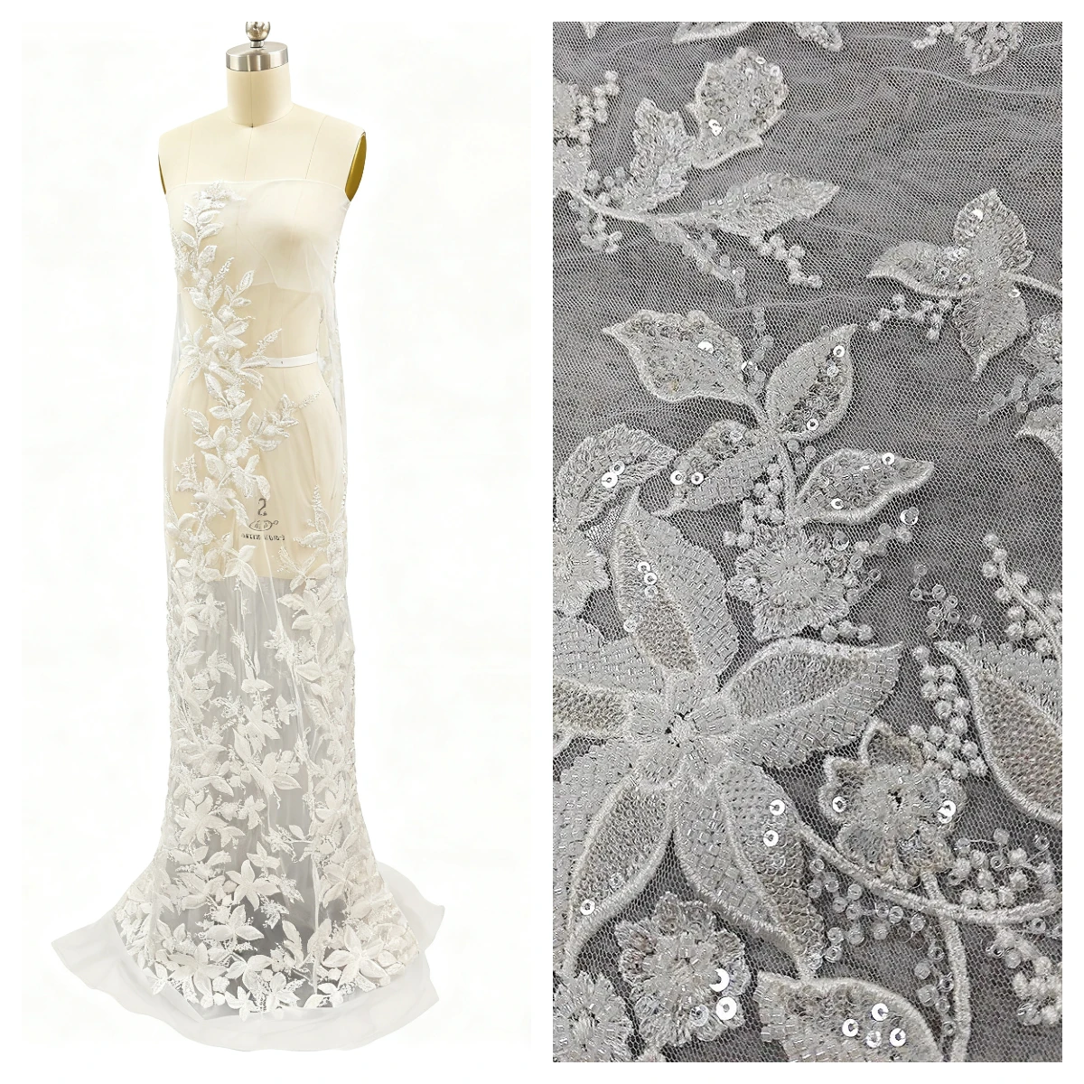 

High-Quality White Lace Fabric - Beaded Sequined Tulle for Wedding & Evening Dresses