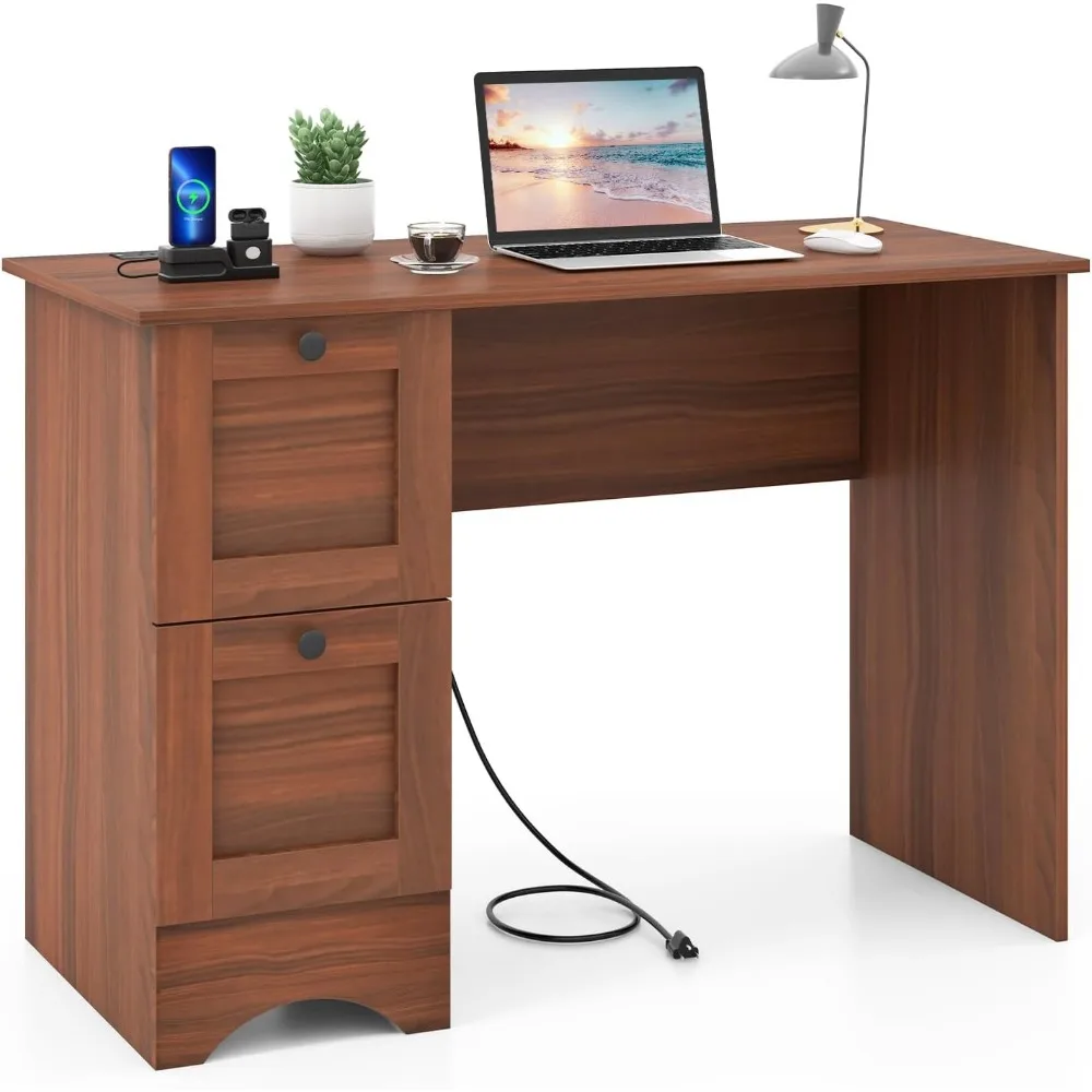 

Premium Computer Desk with Drawers & Charging Station, Wooden Home Office Desk PC Laptop Notebook Desk, Compact Study Desk Writ