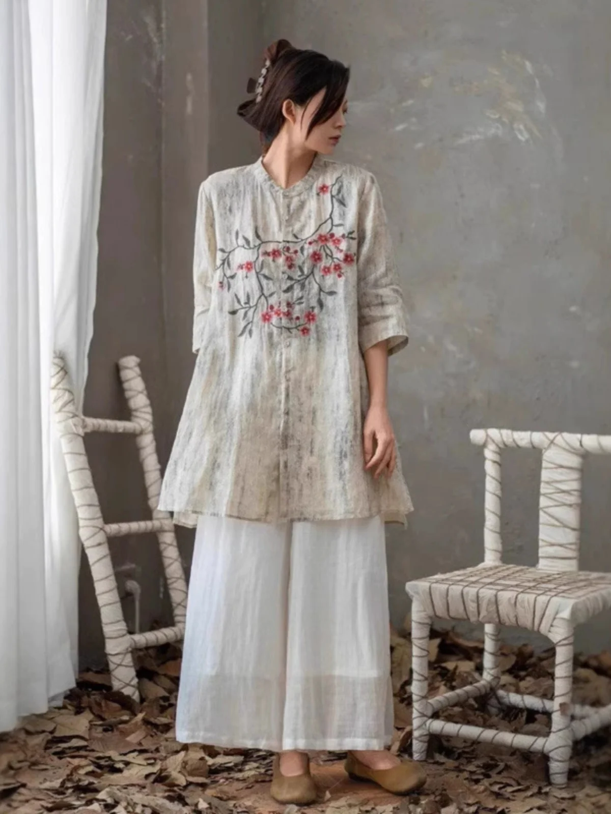 레트로 자수 미디 셔츠 플러스 사이즈 여성 캐주얼 오픈 가디건 슬릿 스탠드 칼라 빅 버튼 미디 셔츠 여성용...