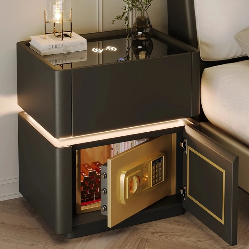 #￥Smart Bedside Table with Safe Bedroom Furniture Touch Switch Night Light and Tempered Glass Countertop with Wireless Charging