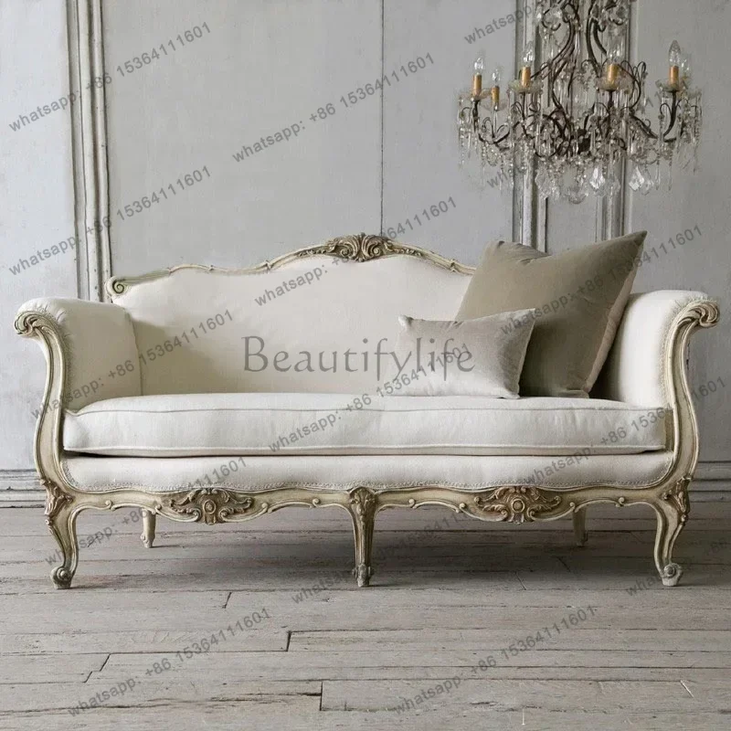 YJ Living Room High-end Fashion Solid Wood Carved Antique Three-person Sofa