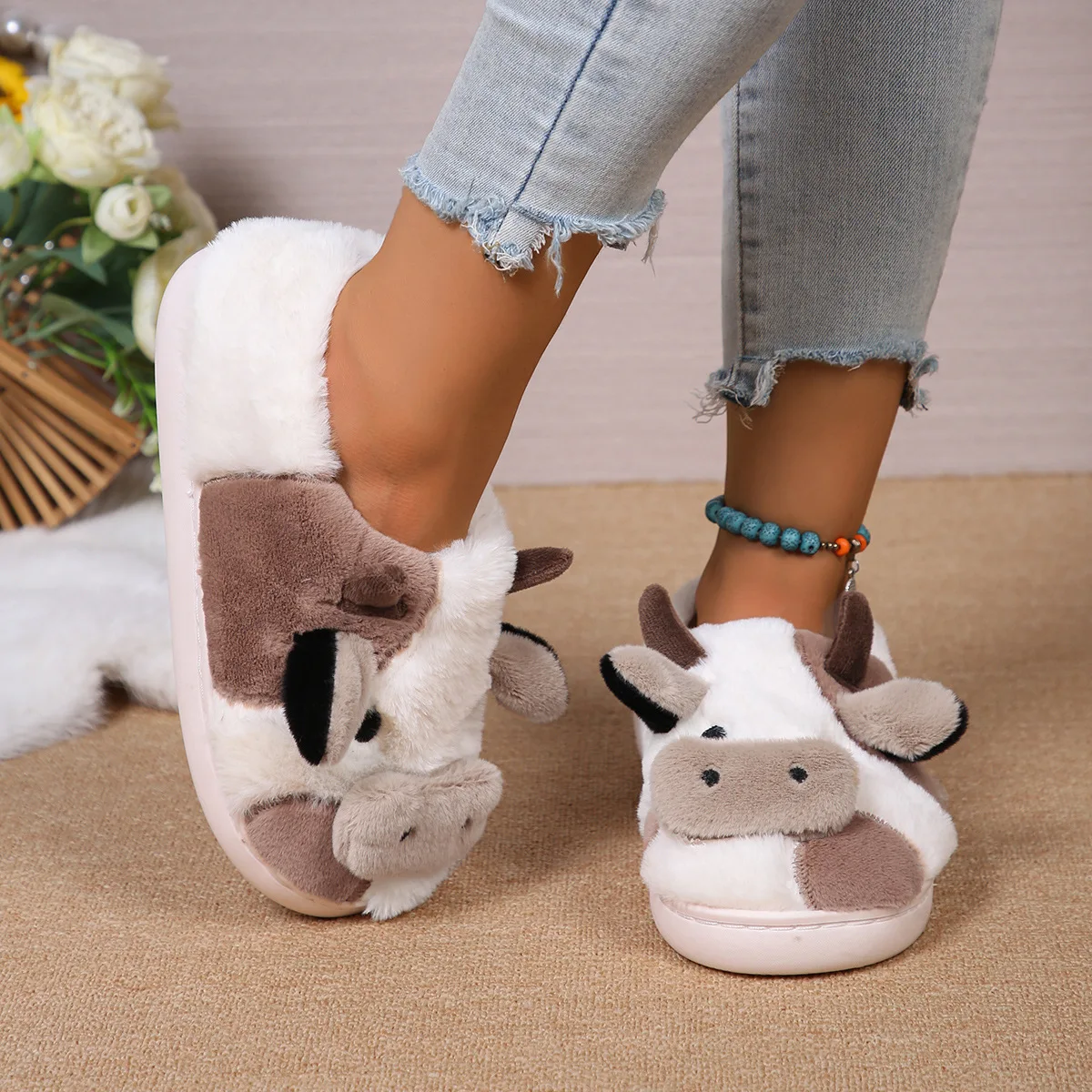 Winter Slippers Cute Women Girls Kawaii Fluffy Warm Plush Slippers Cartoon Milk Cow House Cotton Shoes Funny Casual Shoes