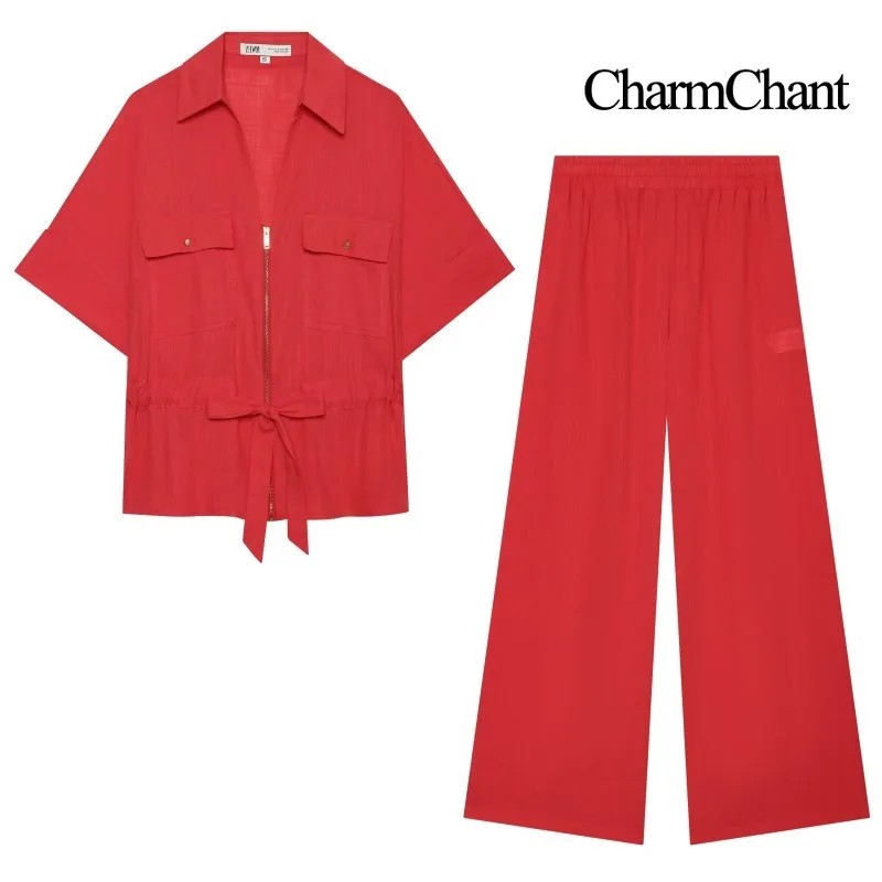CHARMCHANT Women's Solid Linen Blend Two Piece Suit Zipper Shirt Drawstring Wide Leg Pants Holiday Matching Outfit Summer 2026