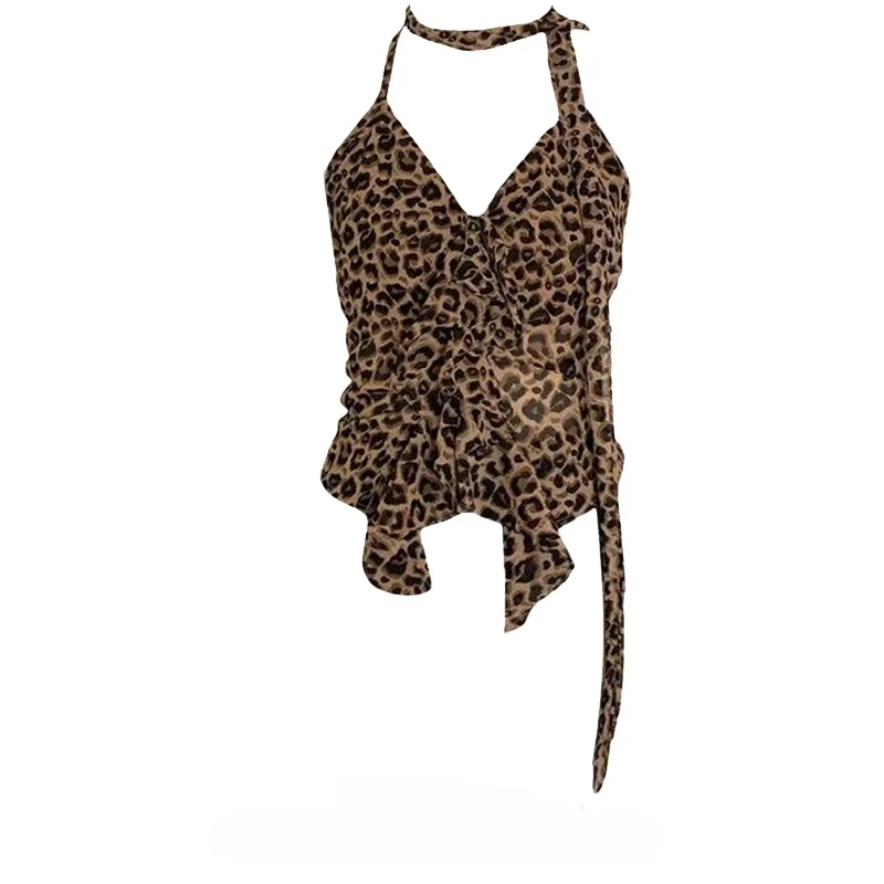 Amerikaanse sexy high-end punk luipaard tank tops streetwear geplooide slim fit ontwerp punk vrouwen shirts y2k harajuku luie kleding