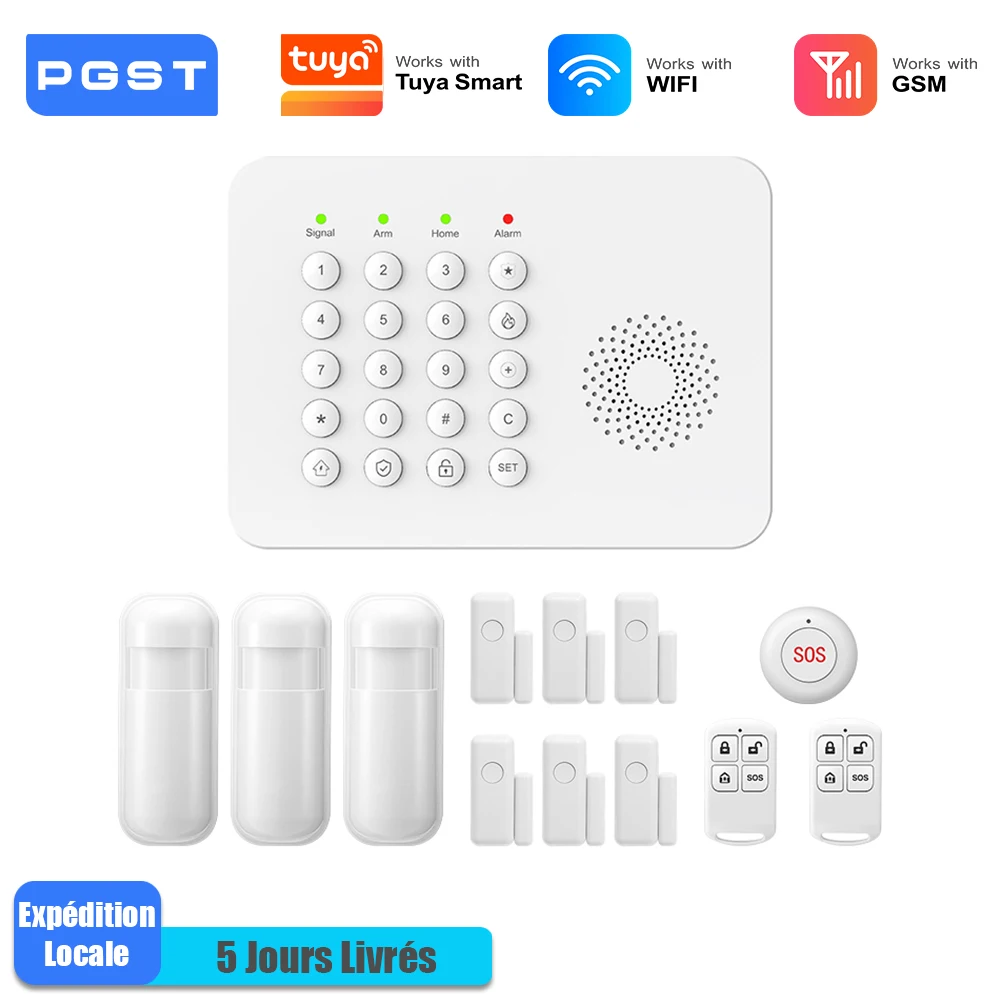 PGST alarme intelligente anti vol kit complet WiFi 2G GSM Works with Tuya Smart Life sécurité sans fil résidentielle contrôle distant par application capteurs ouverture sans frais abonnement