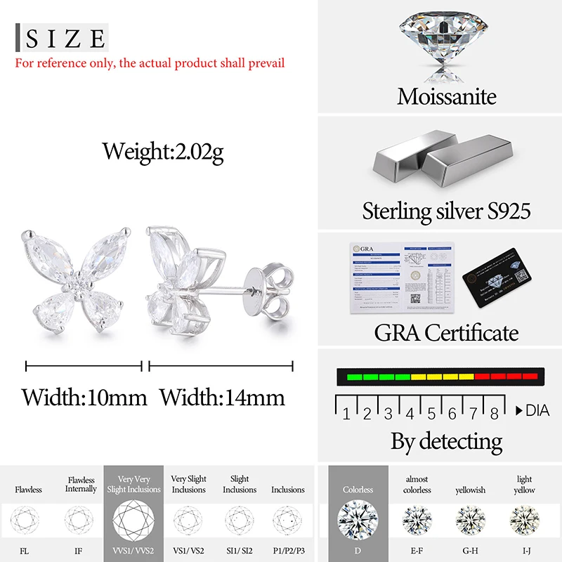 Orginal Luxury Butterfly Stud Earrings Silver 925 for Men Women D Color Moissanite GRA HipHop Wedding Earrings Jewelry Gifts