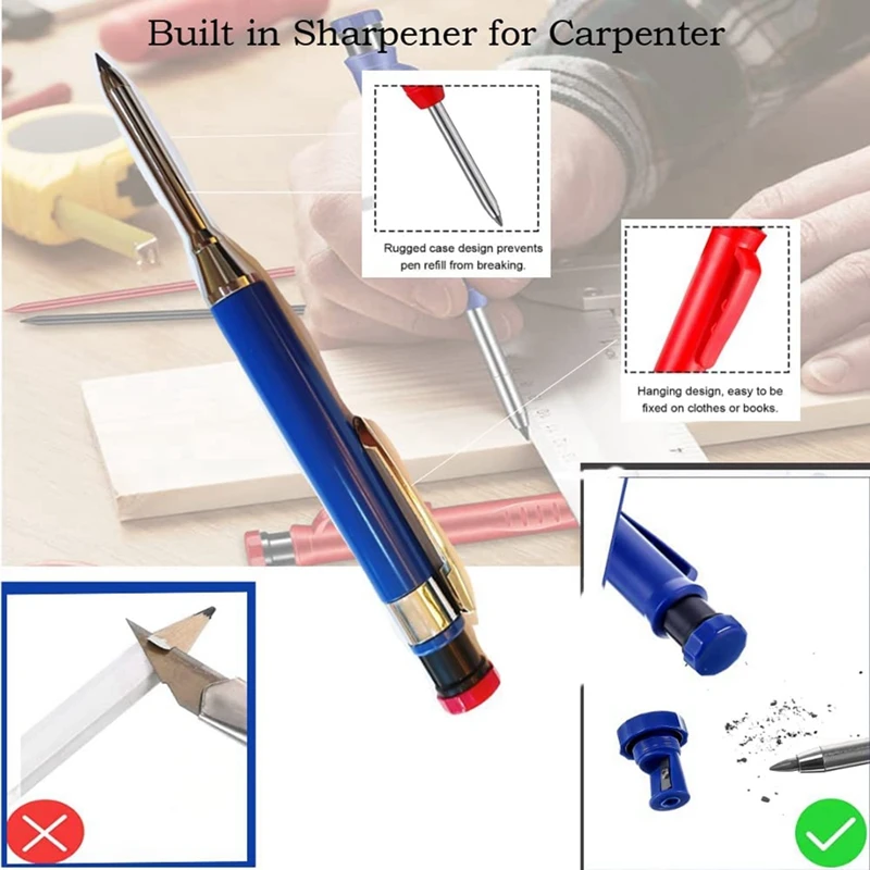 Metal Solid Carpenter Pencil With 12 Refill Deep Hole Mechanical Pencil Marking Tool For Woodworking Architect