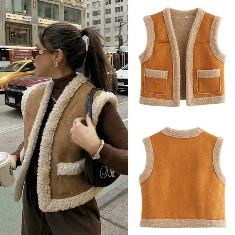 

Jackets Fluffy Sleeveless Casual Leather and Fur Cardigans Plush Coat Faux Lamb Women‘s Winter V-neck Brown Faux Fur Vests Furry
