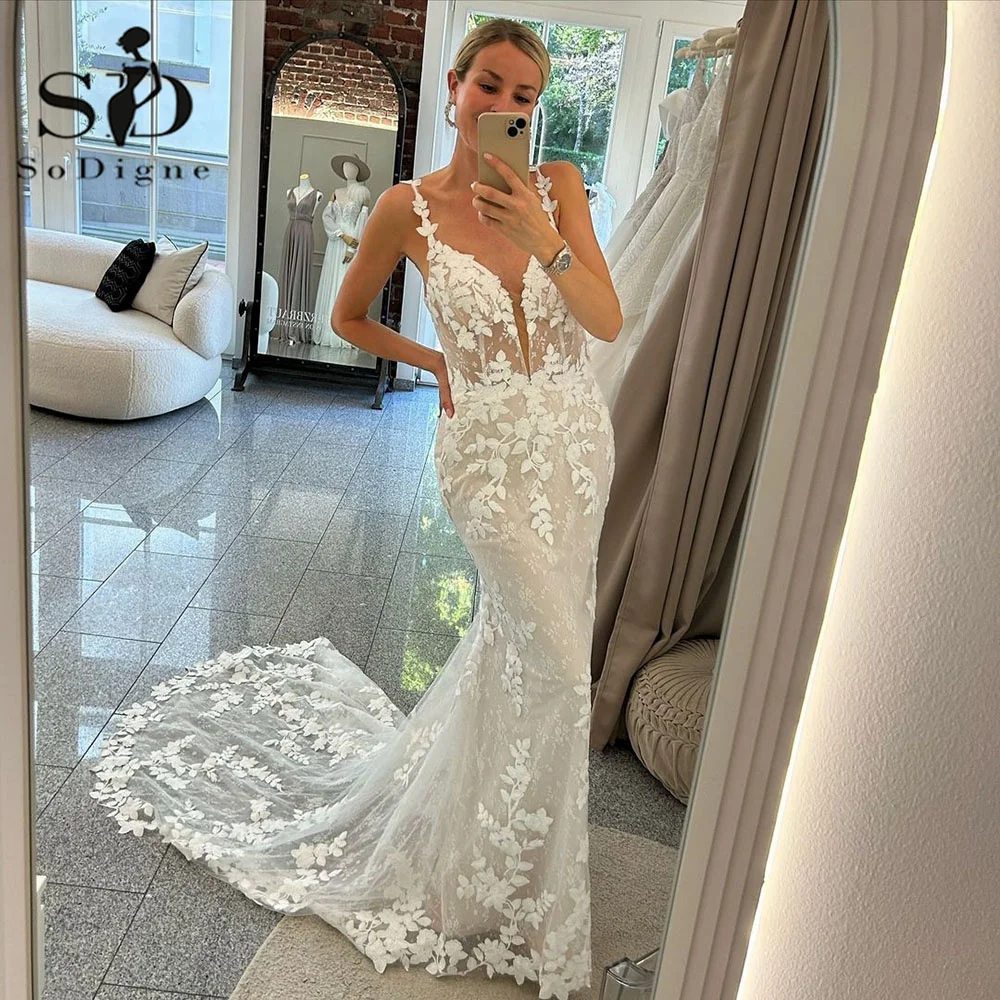 

SoDigne Lace Wedding Dresses 2024 Mermaid Strapless Boho Corset Bridal Gowns V Neck Luxury Wedding Gowns With Appliques