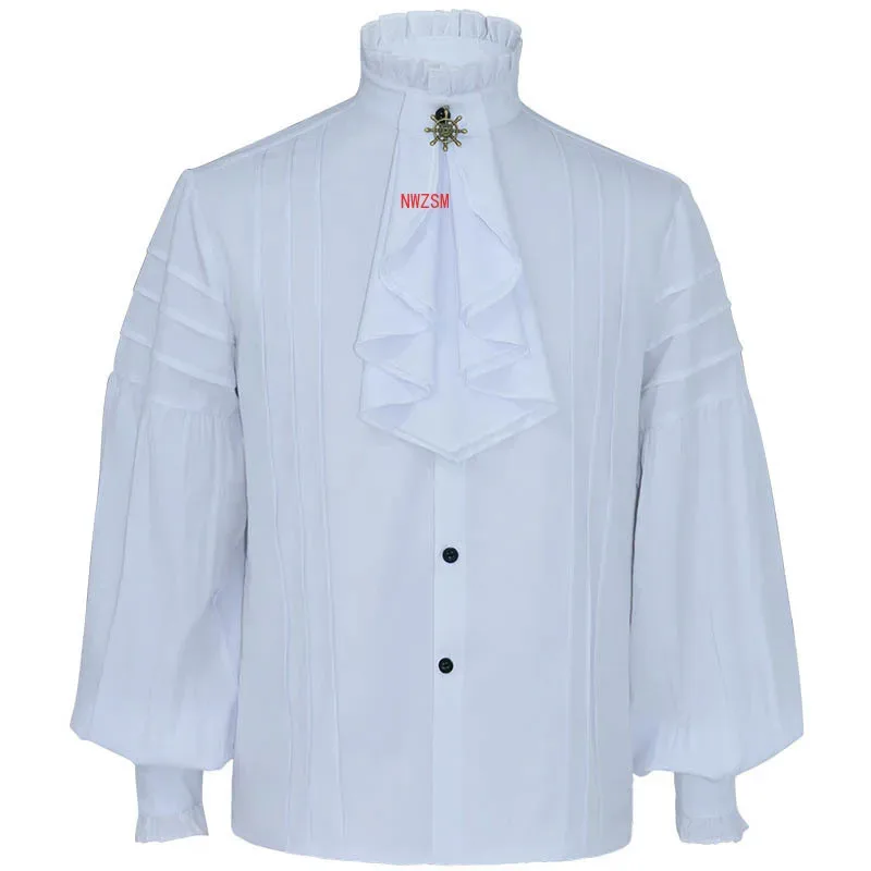 dd12White Black Red Ruffles Stand Collar Lantern Sleeve Victorian Goth Shirt Men Medieval Top Vintage Clothes Male Party Banquet