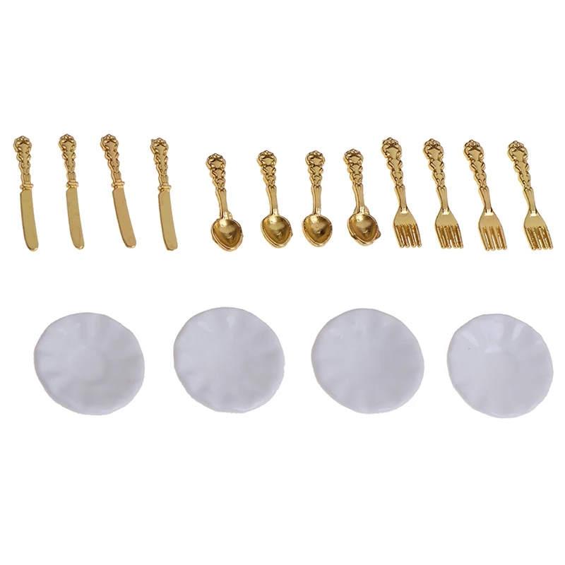 12개/세트 빈티지 인형의 집 미니어처 식기 세라믹 접시 나이프 포크 스푼