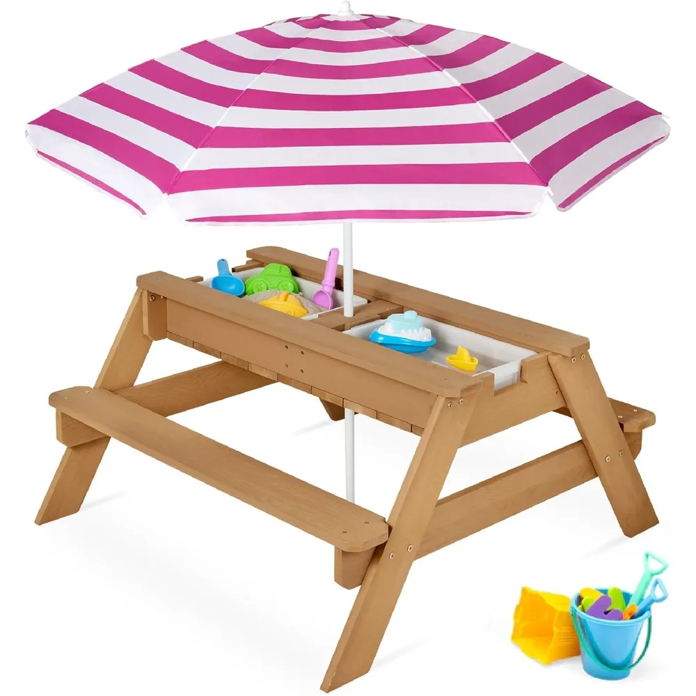 Kids 3-in-1 Sand & Water Table, Wood Outdoor Convertible Picnic Table w/Umbrella, 2 Trays, Removable Top - Natural/Dark Pink