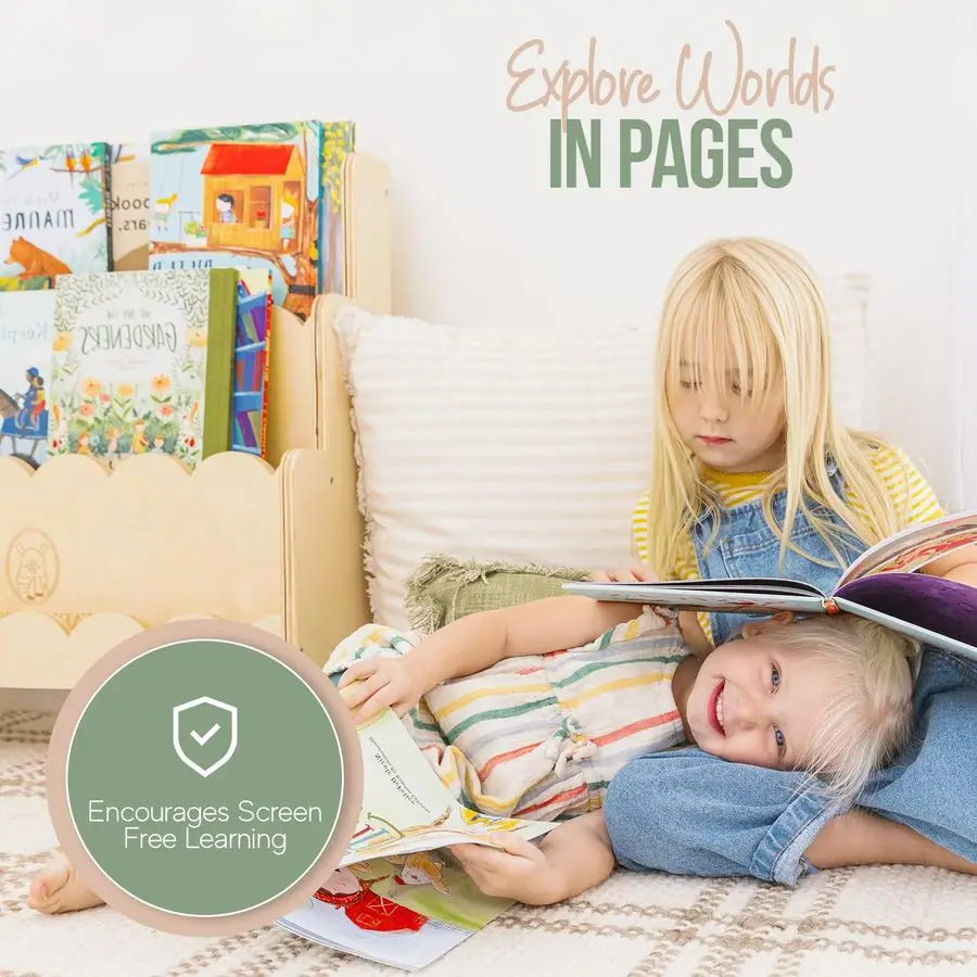 رف كتب للأطفال مع حواف صدفية مصنوعة في الولايات المتحدة الأمريكية، ارتفاع مثالي، رف مونتيسوري من 3 طبقات، خزانة كتب متينة للأطفال لغرفة الأطفال أو P